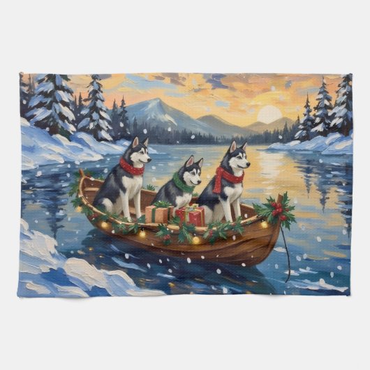 Siberian Husky Christmas Boat Holiday キッチンタオル (横)