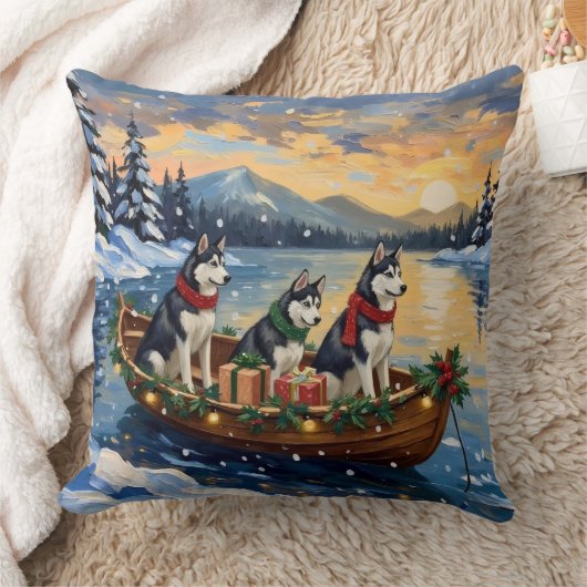 Siberian Husky Christmas Boat Holiday クッション (ブランケット)