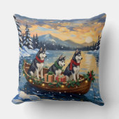 Siberian Husky Christmas Boat Holiday クッション (正面)