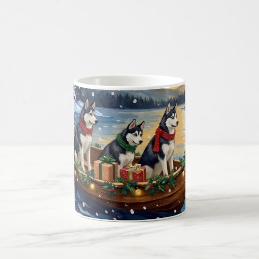 Siberian Husky Christmas Boat Holiday コーヒーマグカップ (中央)
