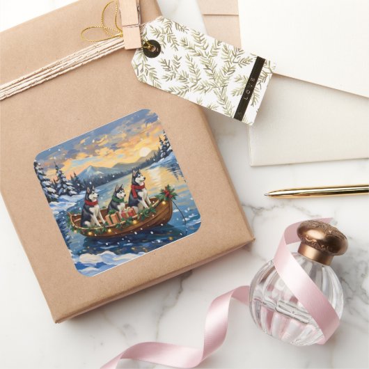 Siberian Husky Christmas Boat Holiday スクエアシール (ギフト)
