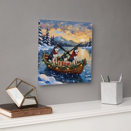 Siberian Husky Christmas Boat Holiday スクエア壁時計 (オフィス)