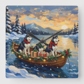 Siberian Husky Christmas Boat Holiday スクエア壁時計 (正面)