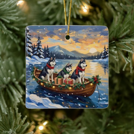Siberian Husky Christmas Boat Holiday セラミックオーナメント (ツリー)