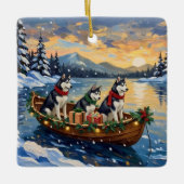 Siberian Husky Christmas Boat Holiday セラミックオーナメント (正面)