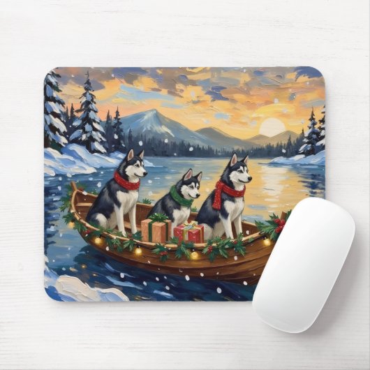 Siberian Husky Christmas Boat Holiday マウスパッド (マウス)