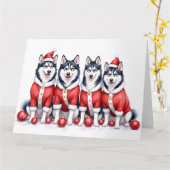 Siberian Husky Christmas Dress Santa Hat カード (黄色い花)
