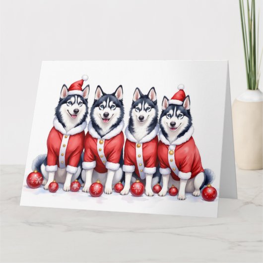 Siberian Husky Christmas Dress Santa Hat カード (正面)