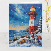 Siberian Husky Christmas Lighthouse Holiday カード (黄色い花)