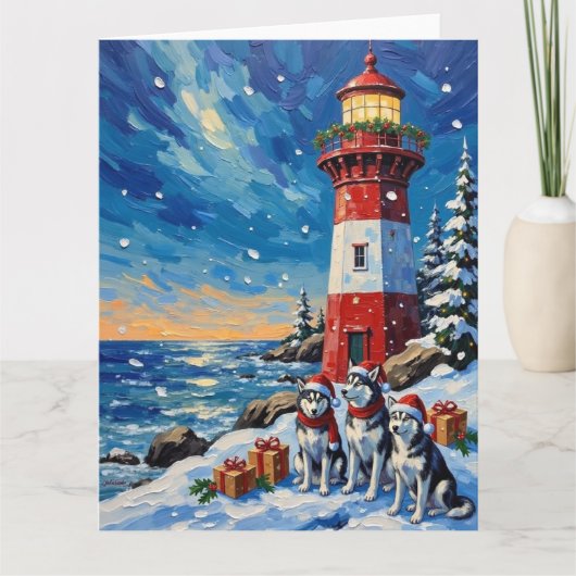 Siberian Husky Christmas Lighthouse Holiday カード (正面)