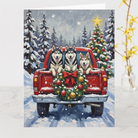 Siberian Husky Christmas Red Truck Holiday カード (黄色い花)
