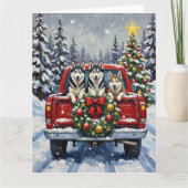 Siberian Husky Christmas Red Truck Holiday カード (正面)