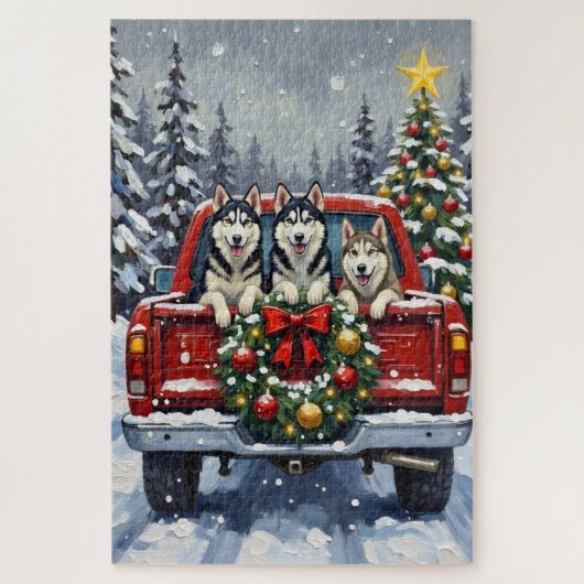 Siberian Husky Christmas Red Truck Holiday ジグソーパズル (縦)