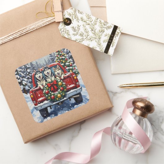 Siberian Husky Christmas Red Truck Holiday スクエアシール (ギフト)