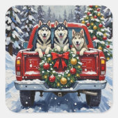 Siberian Husky Christmas Red Truck Holiday スクエアシール (正面)