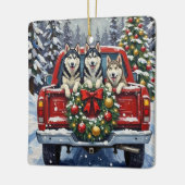 Siberian Husky Christmas Red Truck Holiday セラミックオーナメント (左)