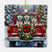 Siberian Husky Christmas Red Truck Holiday セラミックオーナメント (裏面)