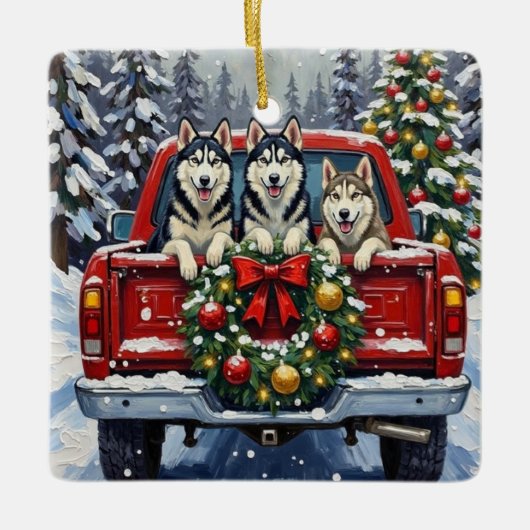 Siberian Husky Christmas Red Truck Holiday セラミックオーナメント (正面)