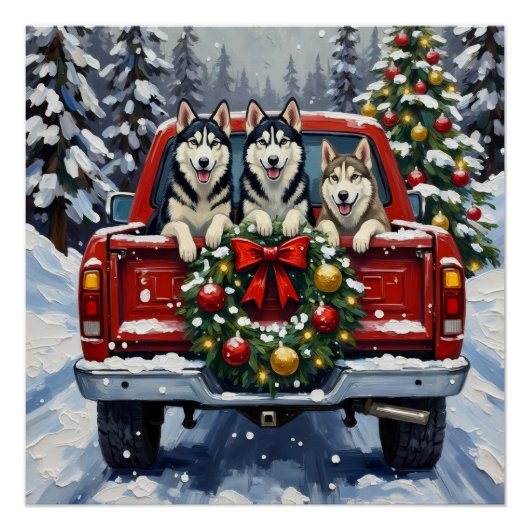 Siberian Husky Christmas Red Truck Holiday ポスター (正面)