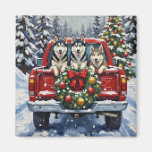 Siberian Husky Christmas Red Truck Holiday マグネット (正面)