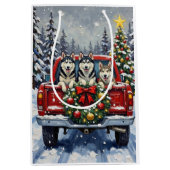 Siberian Husky Christmas Red Truck Holiday ミディアムペーパーバッグ (正面)