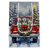 Siberian Husky Christmas Red Truck Holiday ミディアムペーパーバッグ (裏面)