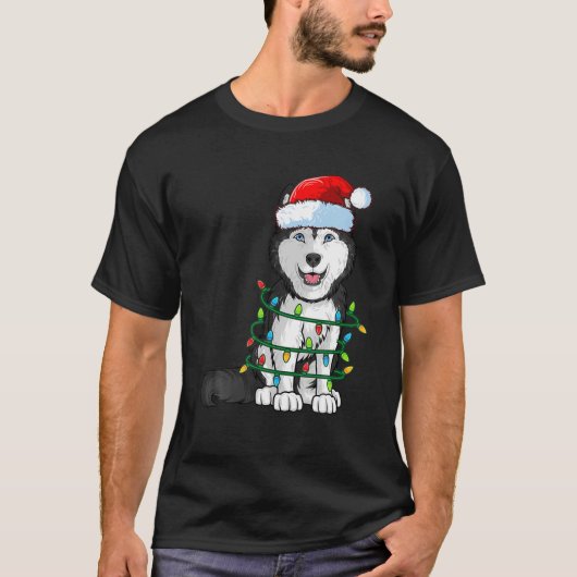 Siberian Husky Christmas Santa Hat Xmas Lights Dog Tシャツ (正面)