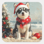 Siberian Husky Dog Christmas Vintage Beach スクエアシール (正面)