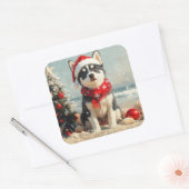 Siberian Husky Dog Christmas Vintage Beach スクエアシール (封筒)