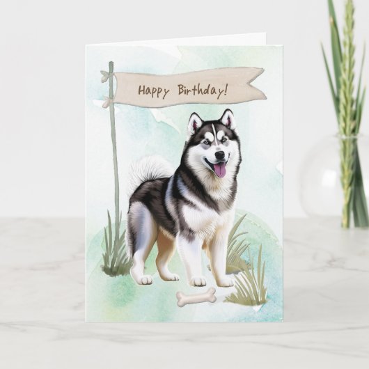 Siberian Husky Dog Outdoors Under Birthday Sign カード (正面)