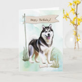 Siberian Husky Dog Outdoors Under Birthday Sign カード (黄色い花)