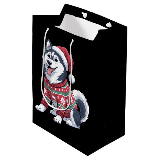 Siberian Husky Dog Ugly Sweater Santa Hat Xmas ミディアムペーパーバッグ (正面アングル)