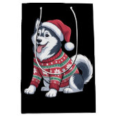 Siberian Husky Dog Ugly Sweater Santa Hat Xmas ミディアムペーパーバッグ (正面)
