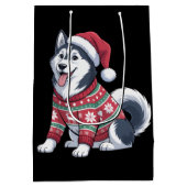 Siberian Husky Dog Ugly Sweater Santa Hat Xmas ミディアムペーパーバッグ (裏面)