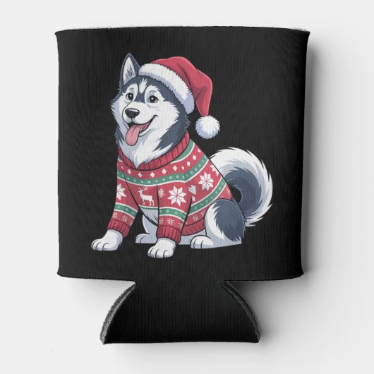 Siberian Husky Dog Ugly Sweater Santa Hat Xmas 缶クーラー (正面)