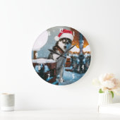 Siberian Husky dog wearing santa hat ラージ壁時計 (ホーム)