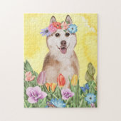 Siberian Husky Dog with Flowers Spring ジグソーパズル (縦)