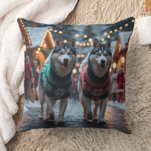 Siberian Husky Dogs Christmas Snow Holiday  クッション (ブランケット)