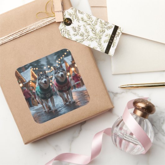 Siberian Husky Dogs Christmas Snow Holiday  スクエアシール (ギフト)