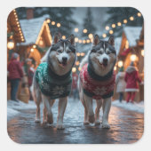 Siberian Husky Dogs Christmas Snow Holiday  スクエアシール (正面)