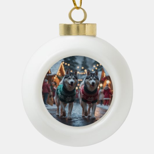 Siberian Husky Dogs Christmas Snow Holiday  セラミックボールオーナメント (正面)