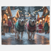 Siberian Husky Dogs Christmas Snow Holiday  フリースブランケット (正面(横))