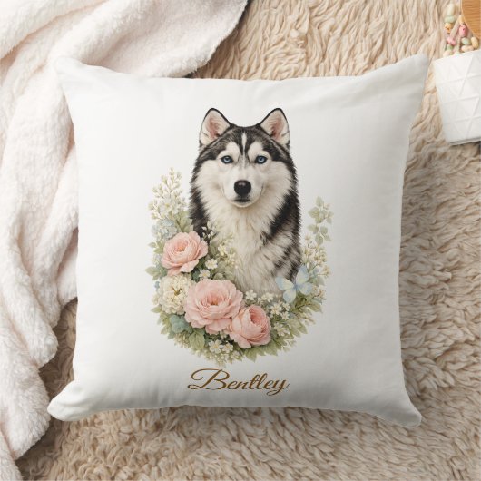 Siberian Husky Floral Portrait クッション (ブランケット)