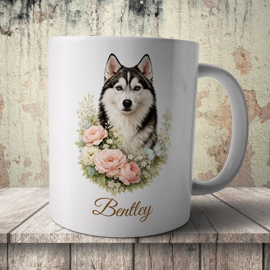 Siberian Husky Floral Portrait コーヒーマグカップ