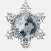 Siberian Husky Huskybild Huskykopf スノーフレークピューターオーナメント (正面)
