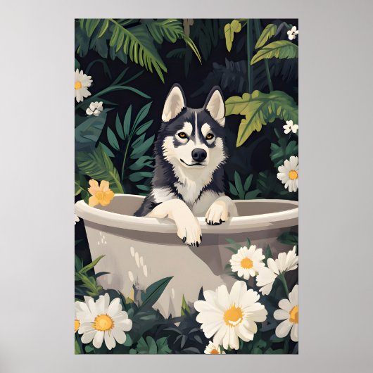 Siberian Husky In Bathtub Poster, Funny Dog ポスター (正面)