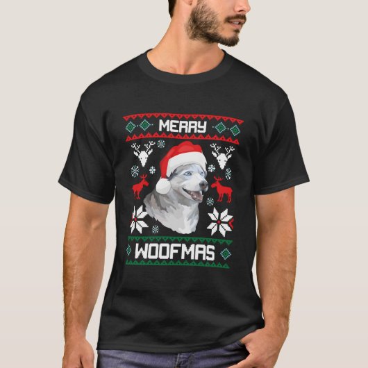 Siberian Husky Merry Woofmas For Tシャツ (正面)