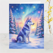 Siberian Husky Northern Lights Christmas Winter カード (黄色い花)