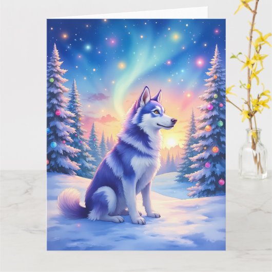 Siberian Husky Northern Lights Christmas Winter カード (黄色い花)