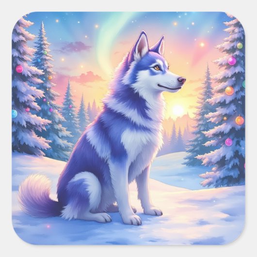Siberian Husky Northern Lights Christmas Winter スクエアシール (正面)